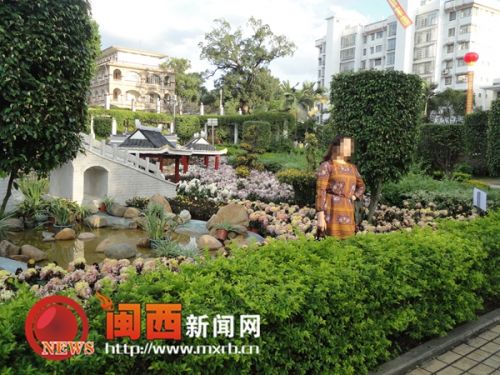 一位市民越過綠化帶，踩到花叢中拍照
